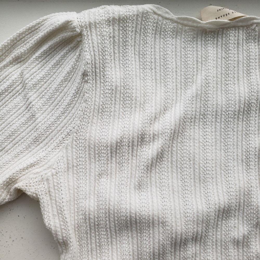 Sezane Cloe Jumper Medium Women's White Ribbed V Neck Top Blouse Shirt #20 - Picture 9 of 13